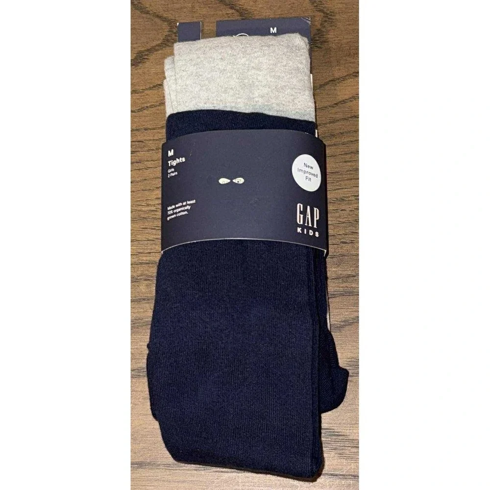 Gap Kids Tights 2 pairs Navy Blue + Gray Medium Organically Grown Cotton 7-10 y